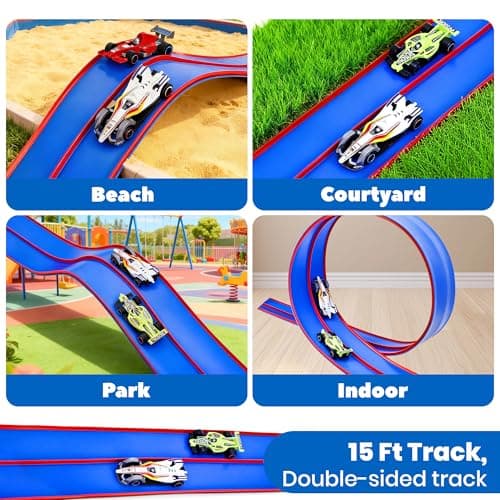 FUTESI Flexible Race Car Track for Kids 15 Ft Flex Tracks Starter Set Compatible with Diecast 1/64th Cars Portable Rolls Up Race Tracks with Strong Suction Cups Birthday Gifts for Boys Girls Ages 3+ - Thumbnail 6