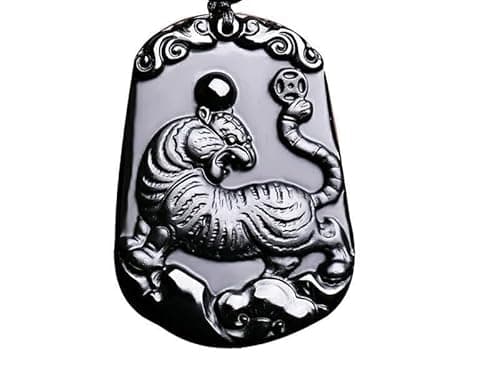 FUDIDU Tiger Rectangle Black Obsidian Pendant Necklace for Men Women, Rectangular Stone Amulet with Ruyi Clouds & Wealth Coin, Chinese Zodiac Sign Jewelry with Adjustable Cord, Protective Gemstone - Image 1