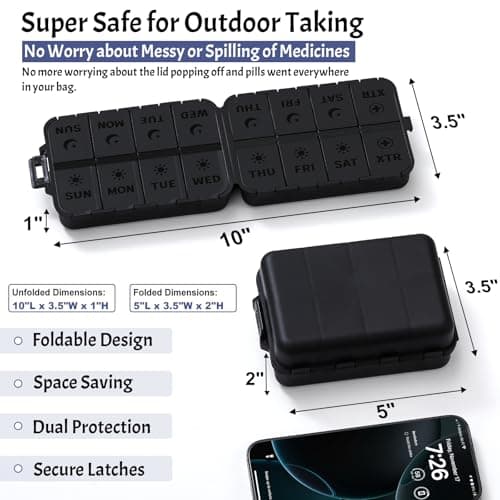 Foldable & Portable Pill Organizer 2 Times A Day with Extra Compartments - Etched Labels - Weekly 7 Day AM PM Medicine Box, Week Daily Travel Pill Case Holder Dispenser for Vitamin, Supplement - Black - Thumbnail 3
