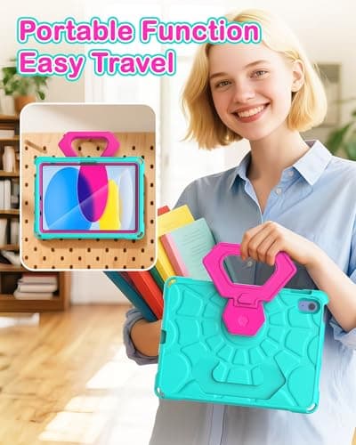 YIHE Shockproof Kids Case for iPad (A16) 11th Generation 11 Inch 2025/ iPad 10th Generation 10.9 inch 2022, Durable Protective Cover with Built-in Screen Protector & Stable Stand, Cyan Pink - Thumbnail 5