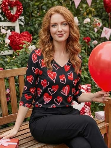 Valentine 3/4 Sleeve V Neck T Shirts for Women Love Heart Graphic Tee Red Valentine's Tops Casual Spring Day Blouse - Thumbnail 3