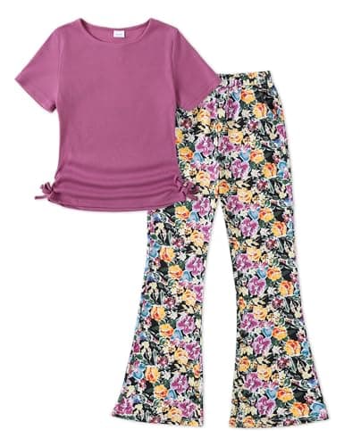 GEMLON Girls Clothes Rose Purple Ruched Short Sleeve Rib Top Flowy Wide Leg Pants 2 Pc Set Teen Girl Clothes 12-14 Years Old - Image 1
