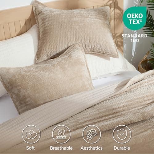 BEDELITE Velvet Quilt Set King Size, Luxury Velvet Comforter for All Season, Lightweight Soft Quilted Bedding Set, Striped Channel Oversized Bedspread Coverlet with 2 Pillow Shams, Taupe - Thumbnail 6