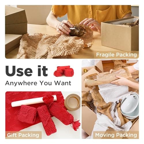 Honeycomb Packing Paper, 12"x50' Red | Perforated Honeycomb Packing Paper Recyclable Moving Supplies for Shipping & Moving | Plastic-Free Alternative to Bubble Cushion Wrap with 36 Fragile Stickers - Thumbnail 6
