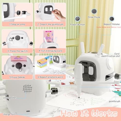 Drawing Robot for Kids with 192 Cards, Smart Robot Drawing Machine Toys for 3+ Year Old Boys and Girls, Interactive Painting Learning and Educational Toy Perfect for Birthday Chirstmas Party, White - Thumbnail 4