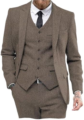 Mens Tweed Herringbone Wedding Suit Prom Tuxedos 3 Piece Peak Lapel Dress(Light Brown,XXL) - Image 1