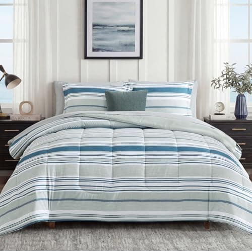 Monbix Queen Comforter Set - 7 Pieces Bed in a Bag Queen, Blue-Stripe Bedding Sets, All Seasons Comforter Bed Set with Sheets, Pillowcases & Shams - Image 1