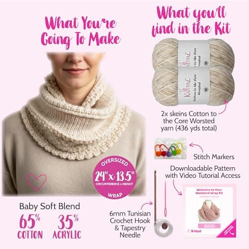 KnitPal Tunisian Crochet Weekend Wrap Kit for Confident Beginners – All-in-One Kit with Cotton Blend Yarn, Tunisian Crochet Hook, Pattern & Video Tutorials (Pearl White) - Thumbnail 3