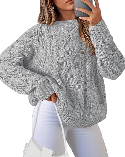 BTFBM Casual Women Long Sleeve Sweater 2025 Fall Ribbed Knit Pullover Loose Crewneck Cable Sweater Jumper Tops(Grey,X-Large) - Image 1