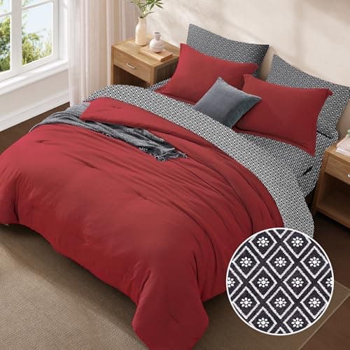 Monbix Queen Comforter Set - 7 Pieces Bright Red Prewashed Bed in a Bag Queen Bedding Sets with Comforters, All Seasons Ultra Soft Comforter Bed Set with Sheets, Pillowcases & Shams - Thumbnail 5