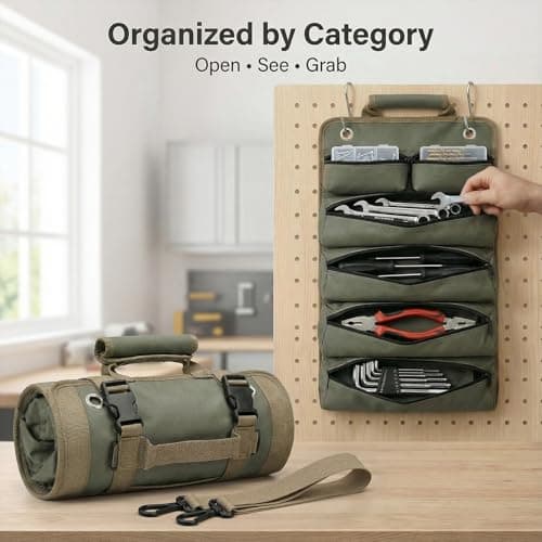 Yobobo Tool Bag for Hand Tools: 6 Zipper Pockets Keep Tools Sorted - Hang-Open Access on Hooks/Pegboard - Heavy-Duty Garage Organizer for Homeowner DIY Repairs - Thumbnail 2