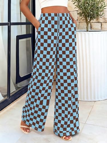 BTFBM Womens Checkered Palazzo Pants Wide Leg High Waisted Pockets Gingham Casual Lounge Pajama Trousers Summer Outfits(Plaid Coffee Blue,Large) - Thumbnail 4