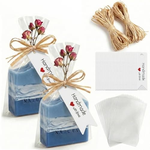 Plastic Cellophane Bags 4.7x7", 100 Pack Clear Goodie Treat Wrappers with Raffia Ties & Tags for Wrapping Homemade Soap Craft Gift Wedding Cookies Candy Snack Party Bakery Favors Christmas (White Tags) - Image 1
