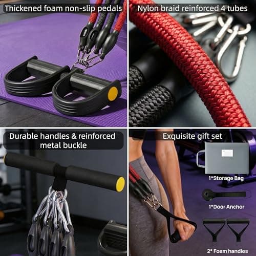 Buyborgood Upgrade Pedal Resistance Band, Multifunction Home Gym Workout Equipment with 4x25lbs Tubes for Sit Up & Arm Exercise, Black + Red - Thumbnail 3