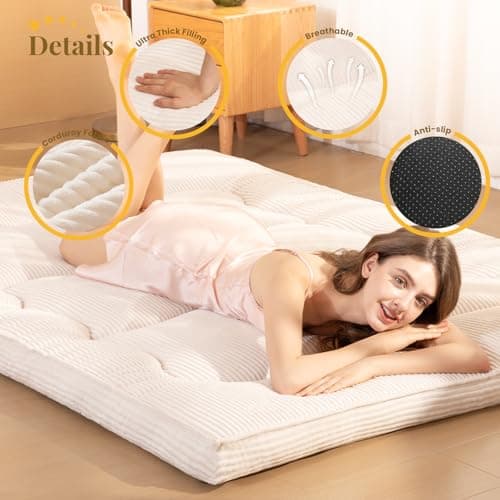 NLDD Futon Mattress Queen Size, 4" Thicken Japanese Futon Mattress Sleeping Pad, Corduroy Foldable Floor Mattress, Roll Up Tatami Mat for Adults Guest Room Bedroom, Beige - Thumbnail 3
