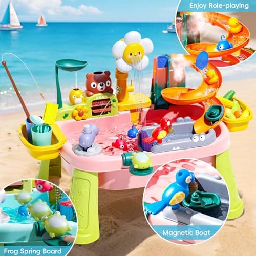 Ploomi 2026 Upgraded Water Table for Toddlers 1-3 - Outdoor Toys for Kids Ages 4-8 with Pump, Summer Outside Sensory Activity Pool Toys, Kitchen Play Sink Toy with Running Water, Fishing Toy, Pink - Thumbnail 5
