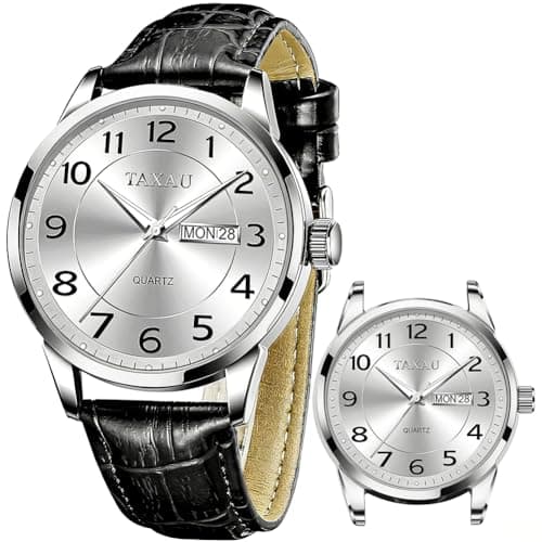 Taxau Silver Watches for Men Analog Luxury Fashion Mens Watches Classic Black Leather Quartz Waterproof Watch Men Minimalist Dress Day Date Simple Easy Read Wrist Watch Reloj para Hombre - Image 1