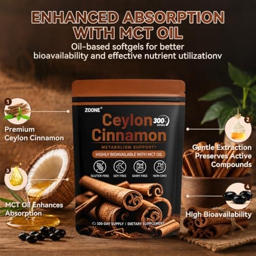 Zoone Ceylon Cinnamon Softgels with MCT Oil, Herbal Extract, 300 Softgels - Thumbnail 2