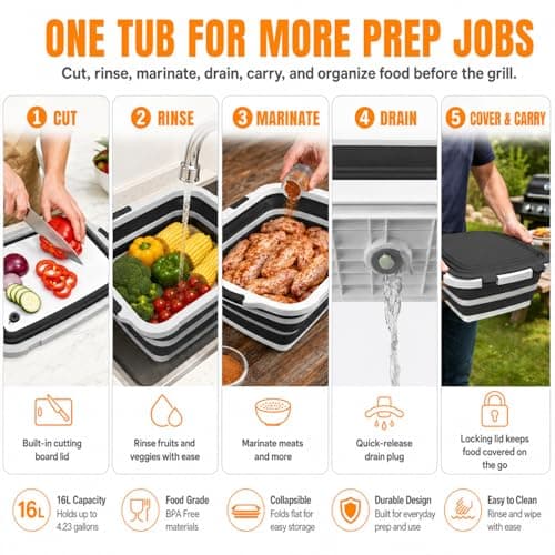 Collapsible BBQ Prep Tub with Cutting Board & Lid, Folding Food Container BPA-Free Heavy-Duty, Dishwasher Safe, Upgraded Drain Hole - for Camping, Grilling Outdoor Cooking (Black, X-Large) - Thumbnail 5