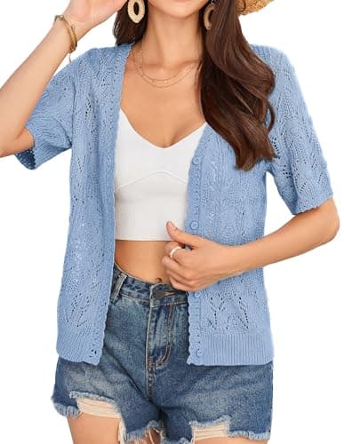 GRACE KARIN Women's Short Sleeve Cardigans Sweaters Summer Lightweight Shrugs Crochet Button Knit Clothes Light Blue L - Image 1