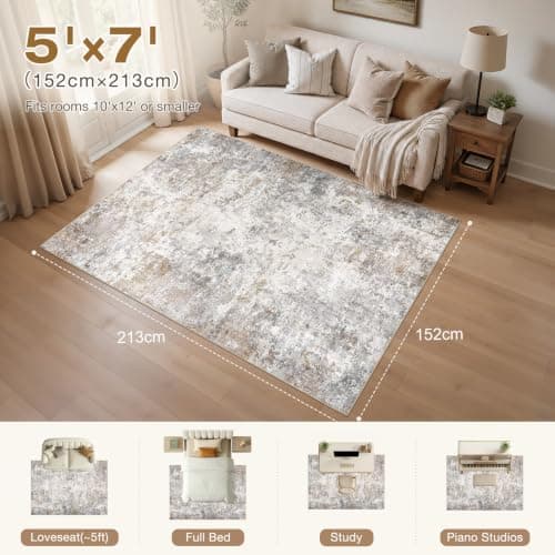 UERMEI 5x7 Area Rug Living Room Rugs - Washable Neutral Modern Abstract Soft Thin Large Rug Indoor Floor No Slip Rug Carpet for Bedroom Under Dining Table Home Office Decor - Brown Grey - Thumbnail 2