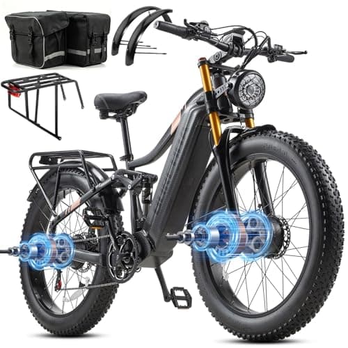 Electric Bike for Adults 3000W Peak AWD Dual Motor 48V 30Ah Battery Up to 90 Miles Long Range 32MPH Mountain E Bikes 26" Fat Tire Off-Road Full Suspension Electric Bicycle, Dual Hydraulic Brakes
