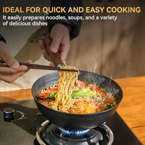 WANGYUANJI Cast Iron Wok Pan with Lid, 10.2 Inch Small Flat Bottom Stir Fry Skillet, Uncoated Traditional Chinese Iron Pot for 1-2 People, Compatible with Induction & Gas Stoves - Thumbnail 3