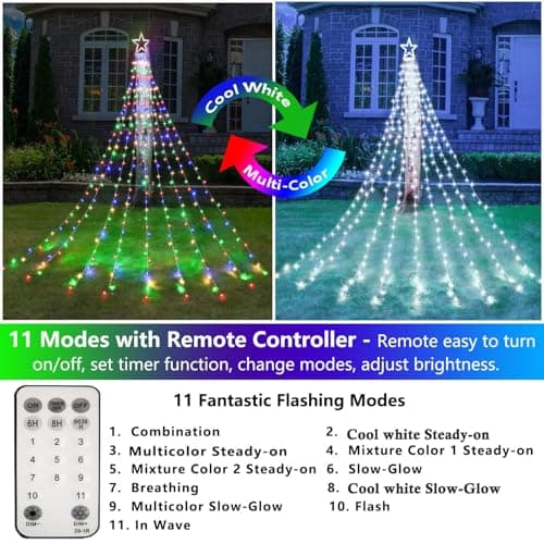 Decute Outdoor Christmas Decorations Star String Lights Color Changing Timer with Remote, Waterproof 320 Led Tree Toppers Fairy Lights for Yard Garden Backyard Holiday Decor Cool White + Multi-Color - Thumbnail 3