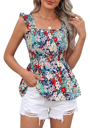 NALANISA Women's Summer Boho Cute Tank Tops 2026 Casual Square Neck Smocked Ruffle Sleeveless Babydoll Shirts Floral Blouses (Navy Flower,XXL) - Image 1
