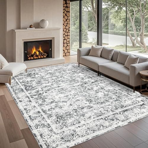 Ruicharm Washable Living Room Rug: 9x12 Boho Vintage Soft Area Rug for Bedroom Decor - Oriental Low Pile Thin Carpet for Dining Room Non-Slip - Farmhouse Stain Resistant Rugs - Grey - Thumbnail 3