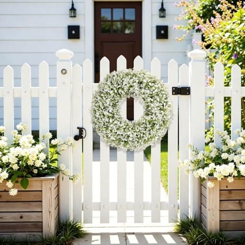 U'Artlines 20 Inch Boxwood Wreaths for Front Door, Spring Summer Wreath with White Flowers, Large Faux Greenery Wreath for Wall Window Porch All Seasons Outdoor Decor - Thumbnail 6
