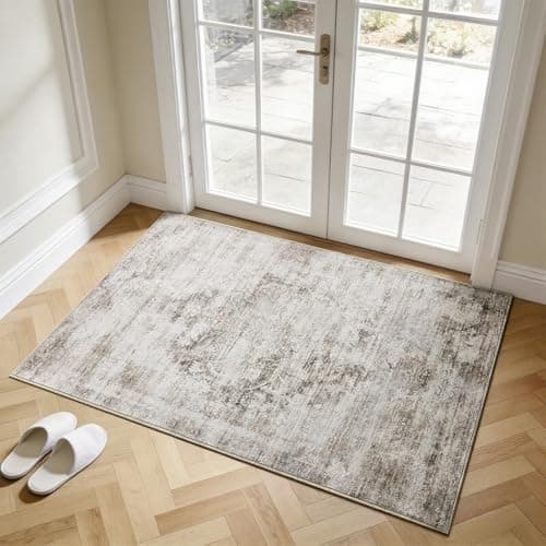2'x3' Washable Area Rug Non-Slip, Vintage Floral Medallion Distressed Entryway Kitchen Bathroom Mat, Soft Low Pile Indoor Floor Carpet for Hallway Laundry, Ivory & Weathered Taupe Vintage-Style - Image 1