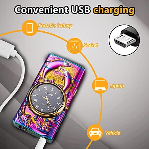 RSBYE Watch Lighter, Electric Dual Arc Plasma Lighter with Clock, Flashlight and USB Rechargeable Battery for Candles, Incense, Camping, Gift for Women and Men (Dolphin Mutil) - Thumbnail 4