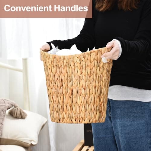 FairyHaus Wicker Trash Can with Handles, Natural Water Hyacinth Wicker Waste Basket, Handwoven Wicker Trash Basket for Bathroom Bedrooms, 13" L x 7.5" W x 12.2" H - Thumbnail 4
