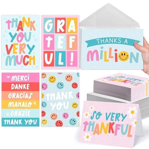 Hadley Designs Bulk Thank You Cards with Envelopes - 54 Kids Thank You Cards For Teachers, Cute Thanks Blank Cards and Envelopes, Fun Appreciation Note Card for Birthday, Baby Shower & Small Business - Image 1