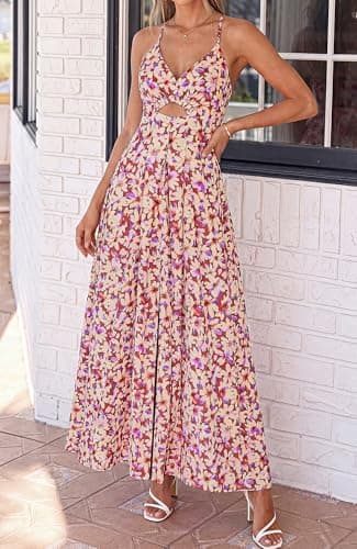 BTFBM Summer Dresses for Women 2026 Spring Floral Spaghetti Strap Smocked Cutout Maxi Dress Resort Beach Vacation Outfit(Floral Light Brown, Large) - Thumbnail 4