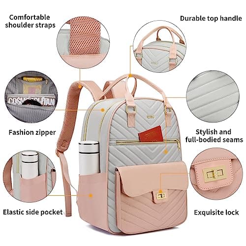 RJEU Bookbag for Girls,College Backpack with Laptop Compartment for School Travel,Student Computer Bag Mochilas Escolares,Pink Gray - Thumbnail 3
