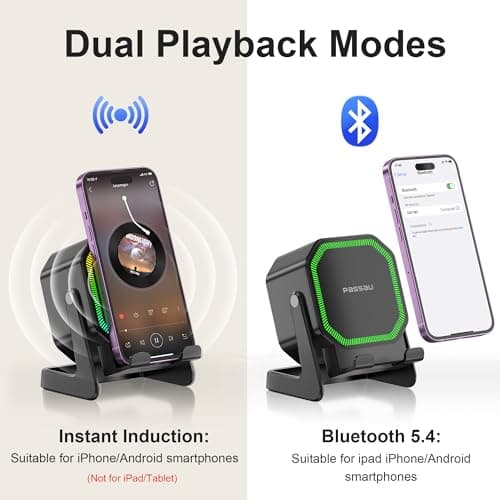 Passau Wireless Induction Speaker All-in-1 Bluetooth Speakers with Phone Stand for iPhone/Android/iPad, BT5.4, Stereo Sound, 7 RGB Lights, 12H Playtime, Cool Tech Gadgets Gifts for Men Women Teens - Thumbnail 3