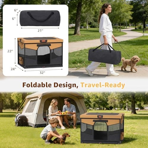 LOOBANI Foldable Dog Playpen for Small Dogs, Indoor/Outdoor Puppy Playpen with Removable Washable Fabric Enclosure, Sturdy Steel Frame & 690D Oxford Cloth, Portable Dog Cat Crate,32"x24"x22", Brown - Thumbnail 6