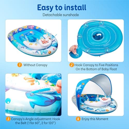 Baby Pool Float with Canopy,120° Adjustable UPF50+ Protection,Anti-Tip Safety Seat,Inflatable Toddler Floaties Infant Swim Ring,Thick PVC Pool Float with Animal Pool Toys,Beach Essentials for 3-36M - Thumbnail 6