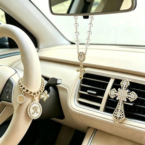 3 Pcs Christian Car Accessories for Women - Rear View Mirror Cross, Steering Wheel Rosary Charm & Air Vent Clip - Cute Girly Bling Car Decor (Transparent) - Image 1