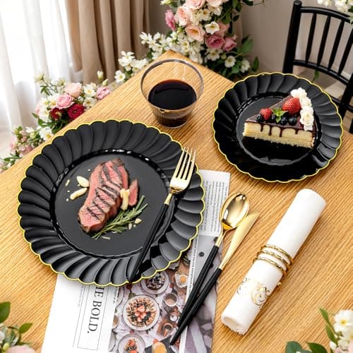 Ciaell 175 PCS Black Scalloped Plastic Plates with Gold Trim - Black Plastic Silverware with Handle - Fancy High-End Dinnerware Sets for Wedding & Party - Thumbnail 3