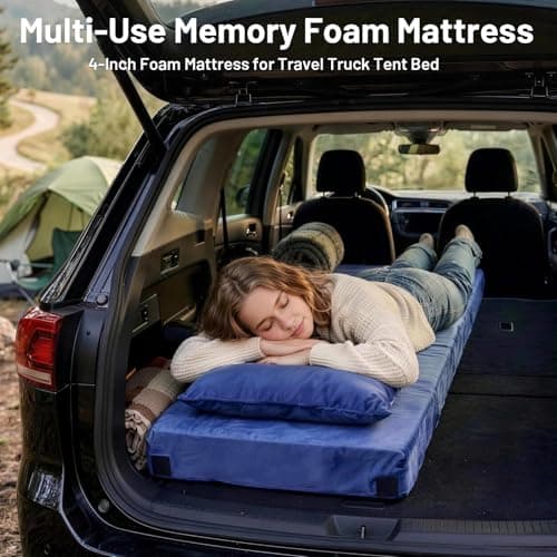 Easthome Memory Foam Camping Mattress Pad with Pillow - Extra Thick 4 Inch Sleeping Pad for Camping, Waterproof Roll Up Single Mattress Topper Bed for Adults Guest Car Tent, Travel Bag, Navy Blue - Thumbnail 6