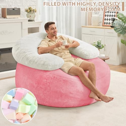 HABUTWAY Giant Bean Bag Chair, Oversized Beanbag Chair with Filler, Ultra Soft Faux Fur Bean Bag Lounge Floor Sofa w/U-Shaped Pillow for Gaming, Reading, Pink & Beige - Thumbnail 5