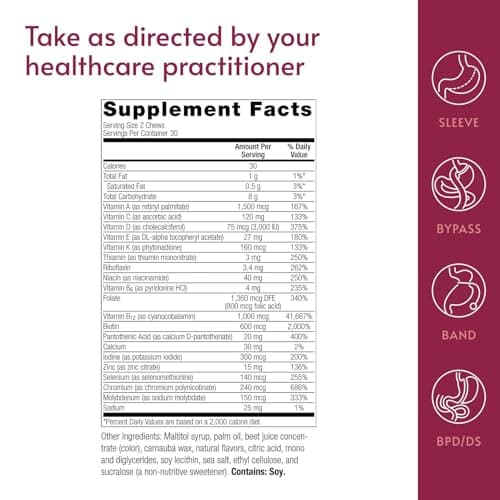 Bariatric Advantage Multi Chewy Bite - Soft Chew Multivitamin for Bariatric Surgery Patients - Chewable Multivitamin with Folic Acid, Vitamin D3 & More - Dark Cherry Flavor - 60 Count - Thumbnail 4