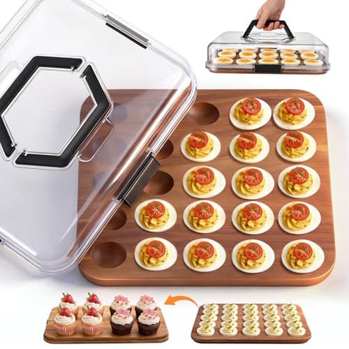 Deviled Egg Platter with Handle(25 Eggs), Deviled Egg Containers with Clear Locking Lid, Wooden Deviled Egg Tray for Party, Potlucks and Kitchen, Reversible Charcuterie Board Cutting Board,Gift Box - Image 1