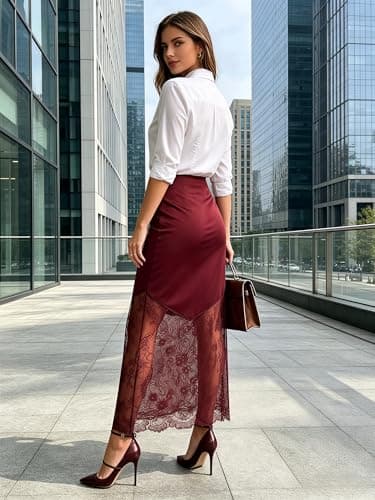 Women's 2026 Lace Patchwork Bodycon Skirt - High Waist Elegant Solid Maxi Long Skirt (US, Alpha, Small, Regular, Regular, Red) - Thumbnail 5