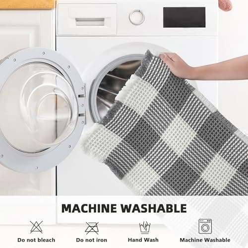 Arenarug Checkered Waffle Bath Mat, Super Absorbent Boho Farmhouse Bathroom Rugs Non Slip Washable, Ultra Soft Bath Rugs Mats with Tassels for Bathroom Floor, Grey White, 18"x30" - Thumbnail 6
