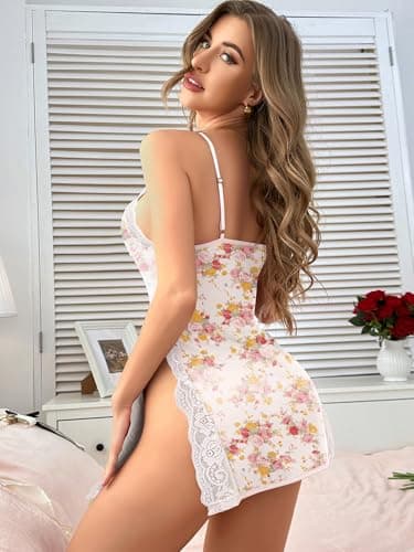CRIPOM Small Flower Lingerie for Women Sexy Nightgowns for Women Bride Lingerie Sexy Babydoll Gown V neck Slip Dress Lace Nightgown Small Flower M - Thumbnail 5