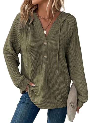 BLENCOT Womens Hoodies Button Drawstring V Neck Hooded Waffle Knit Pullover Sweatshirt Casual Long Sleeve Sweatshirts Trendy Tops Shirts Green L - Image 1